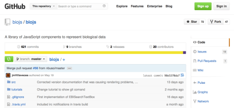 GitHub portal for BioJS. It shows 621 commits, 9 branches, 2 releases and 20 contributors.